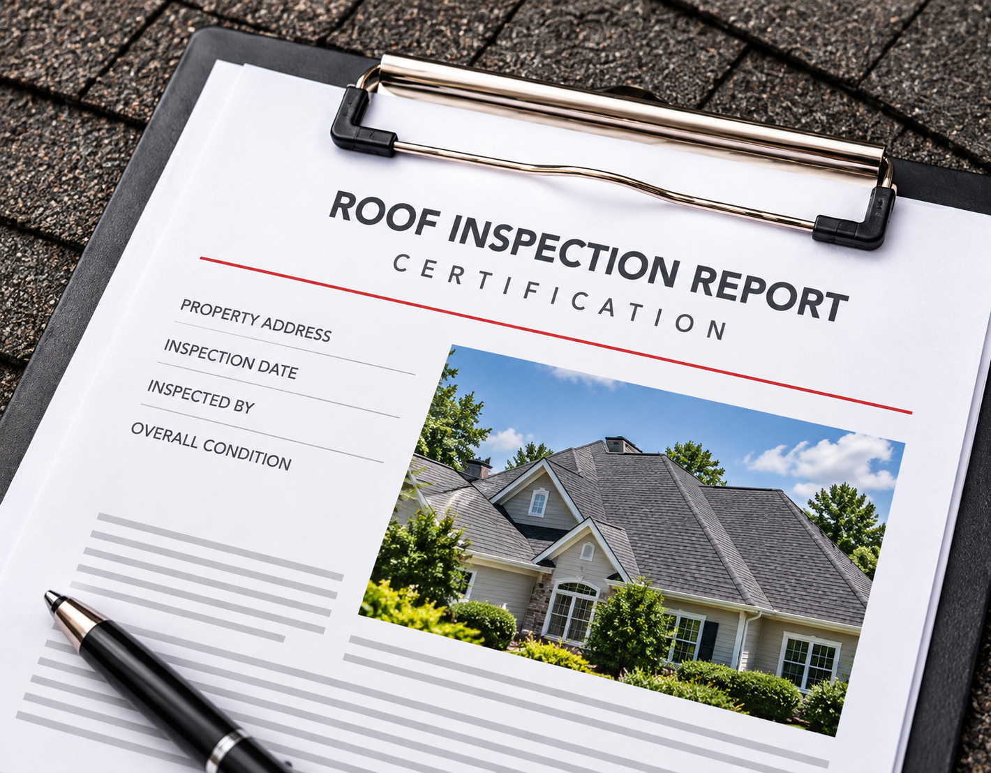 Roof inspection certification report on a clipboard resting on asphalt shingles, with a photo of a home’s roof and a pen placed on the document.