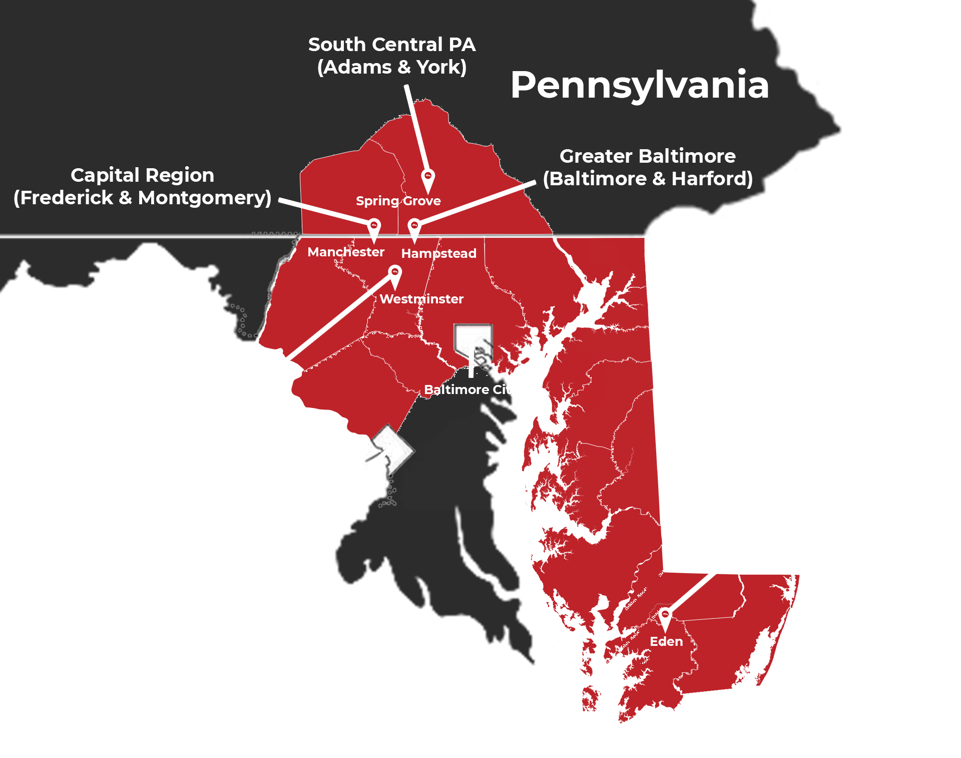 Expanded Seipp Roofing service area map showing regional coverage across Maryland and Pennsylvania