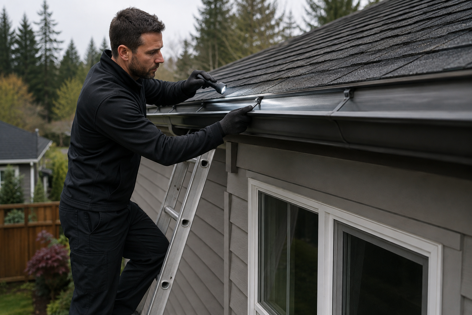 Technician inspecting a residential gutter system along the roof edge