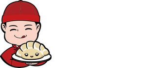 A cartoon character in red traditional attire holds a smiling, anthropomorphic dumpling on a plate.