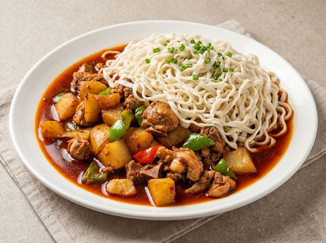 Noodles on one side of a plate with saucy diced vegetables and tofu on the other