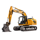 Yellow tracked excavator with raised boom and bucket on a white background