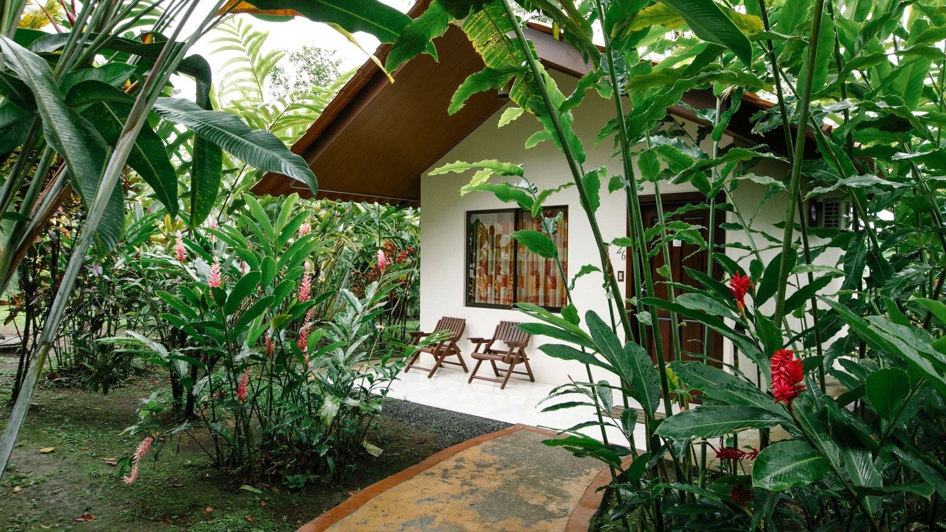 Sendero de exuberante jardín tropical junto a un patio blanco con sillas y mesas bajo un techo de madera.