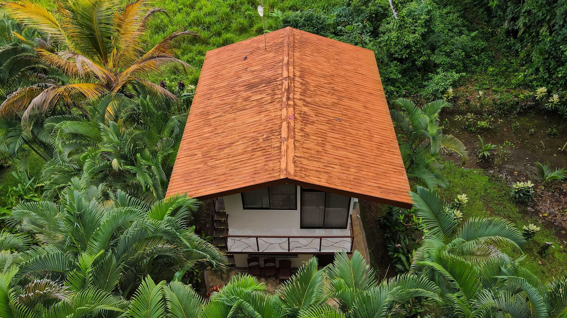 Pequeña casa con un tejado naranja empinado, enclavada entre exuberante vegetación tropical.