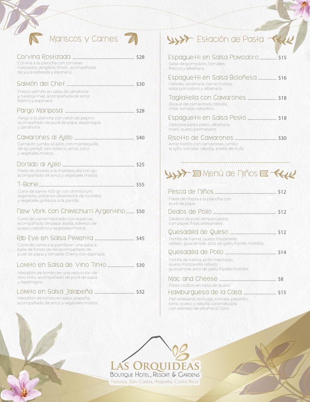 Elegante menú de restaurante con motivos florales en blanco y dorado, con hojas decorativas y dos columnas de texto.
