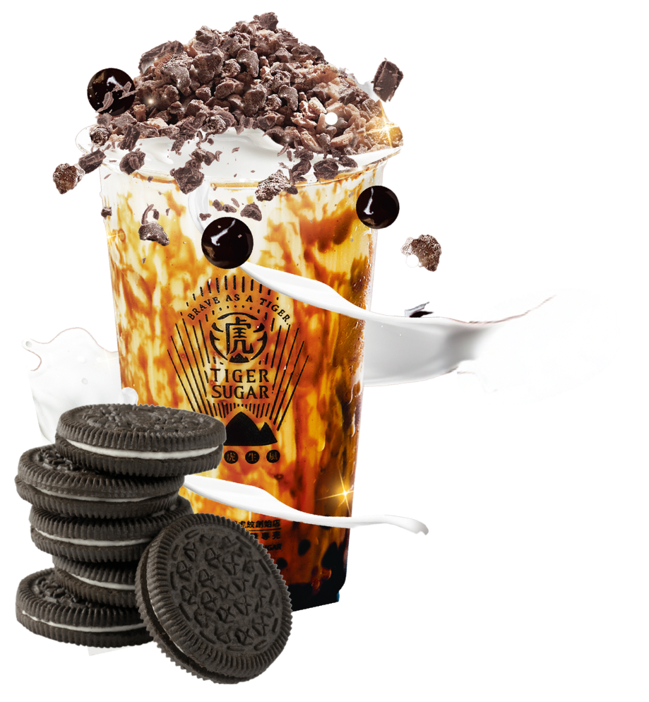 Tiger Sugar bubble tea with Oreo topping, boba, and cookies.