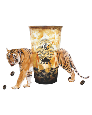 Tiger standing next to a bubble tea drink, with brown coffee beans in front.