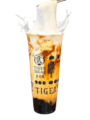 Tiger Sugar bubble tea with milk splash.