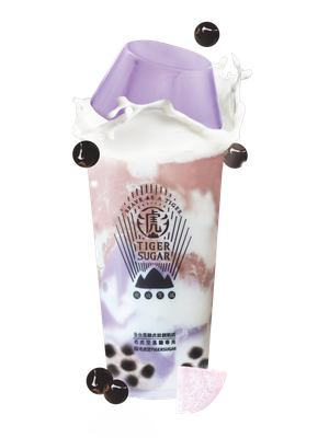 Taro milk tea with boba, a purple pudding cup, and splash. Tiger Sugar branding visible.