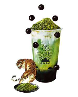 Tiger Sugar matcha drink with a tiger graphic and bobas.
