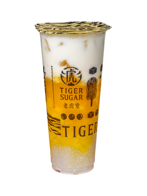 Tiger Sugar bubble tea in a clear cup, layered with yellow, white, and brown components.