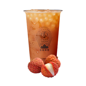 Lychee tea drink with lychee fruit, Tiger Sugar logo.