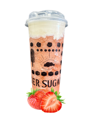 Strawberry smoothie with cream topping in a clear cup, with strawberries at the base.