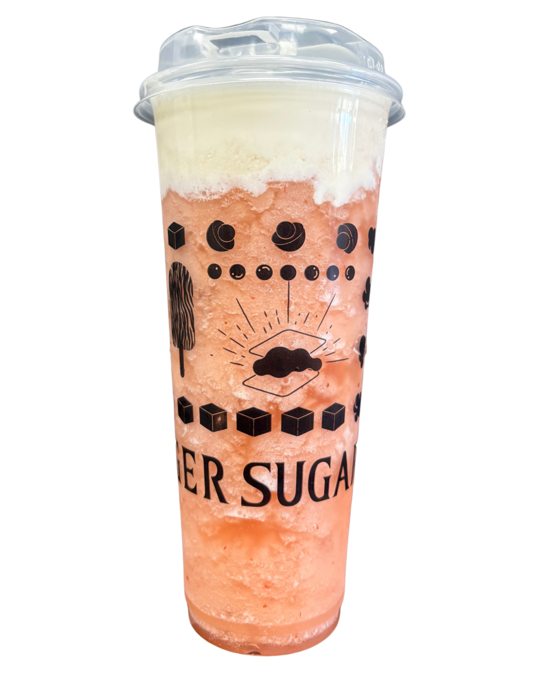 Pink and white layered beverage in a clear cup with a lid, logo visible on the cup.