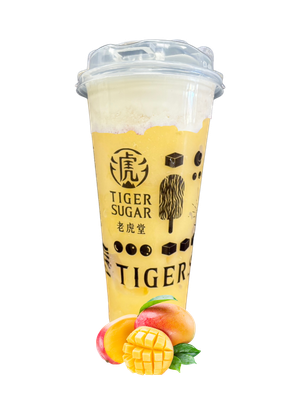 Tiger Sugar mango drink with fruit and logo.
