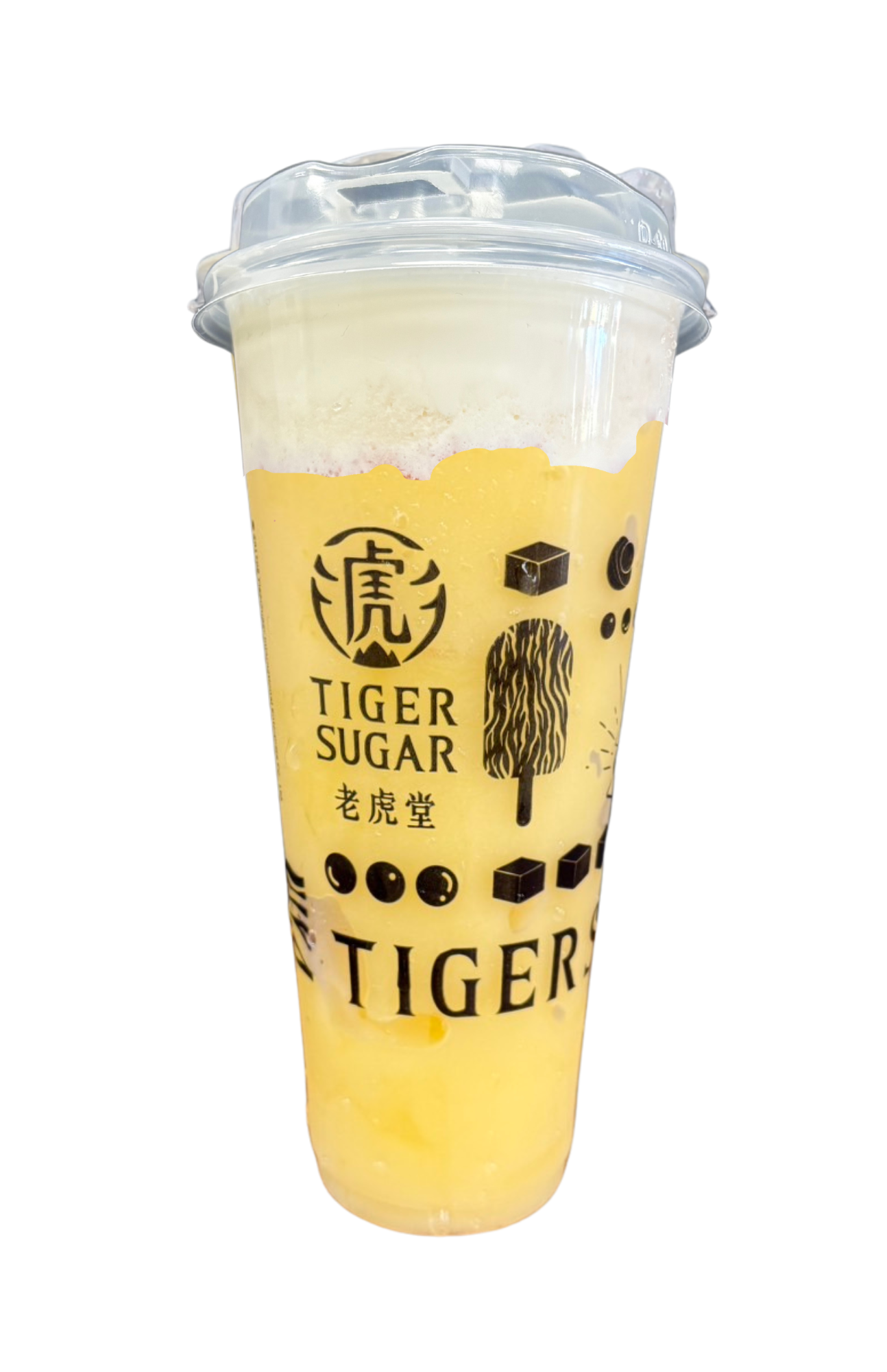 A tall, yellow Tiger Sugar drink with a cream topping and a clear lid.