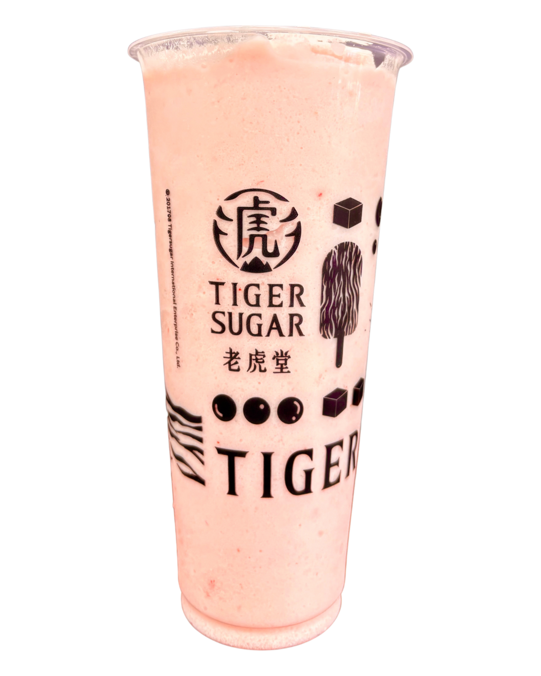 Pink blended drink in a clear plastic cup with black logo.