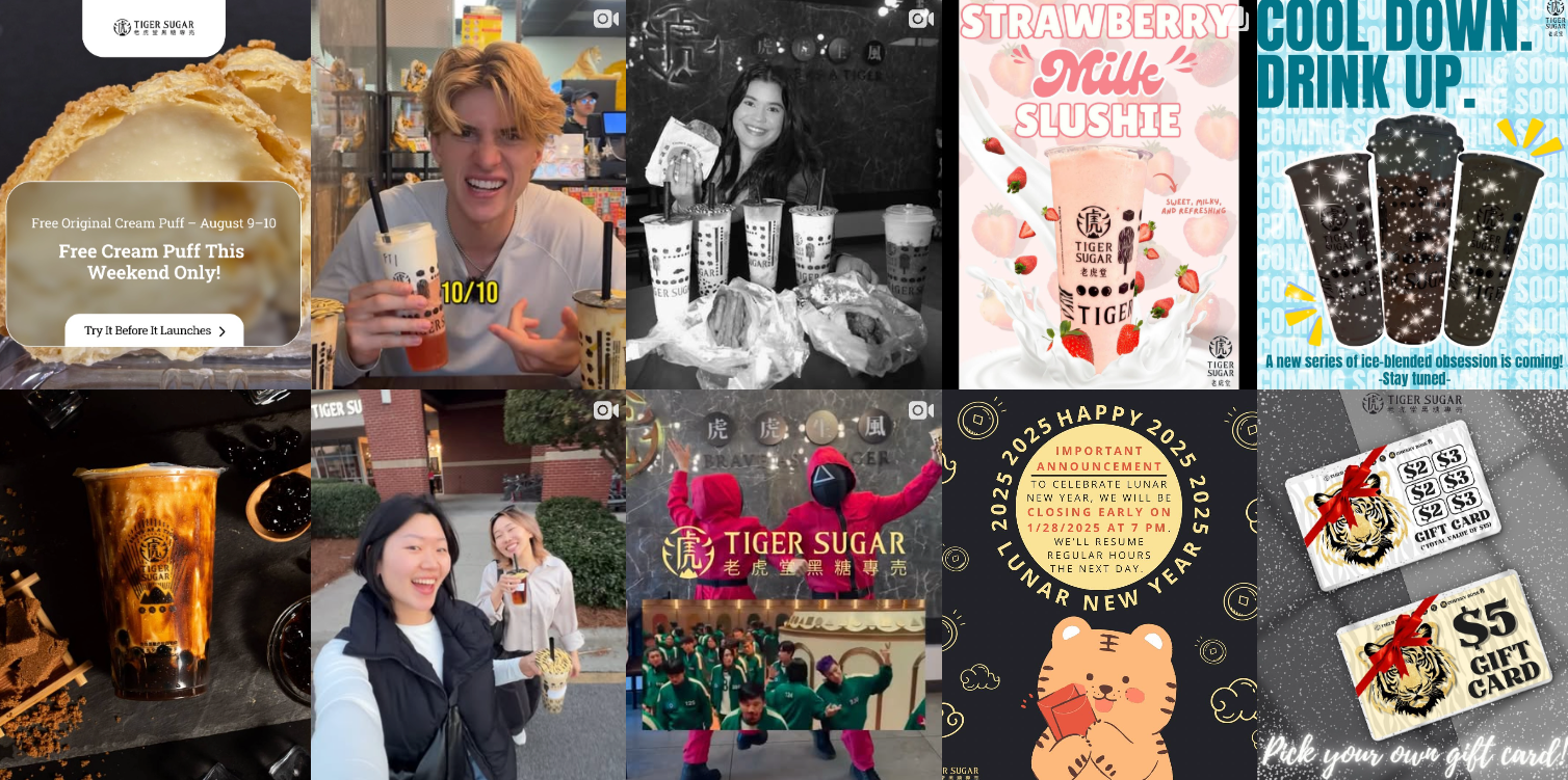 Collage of images featuring boba drinks, promotions, and store logos.