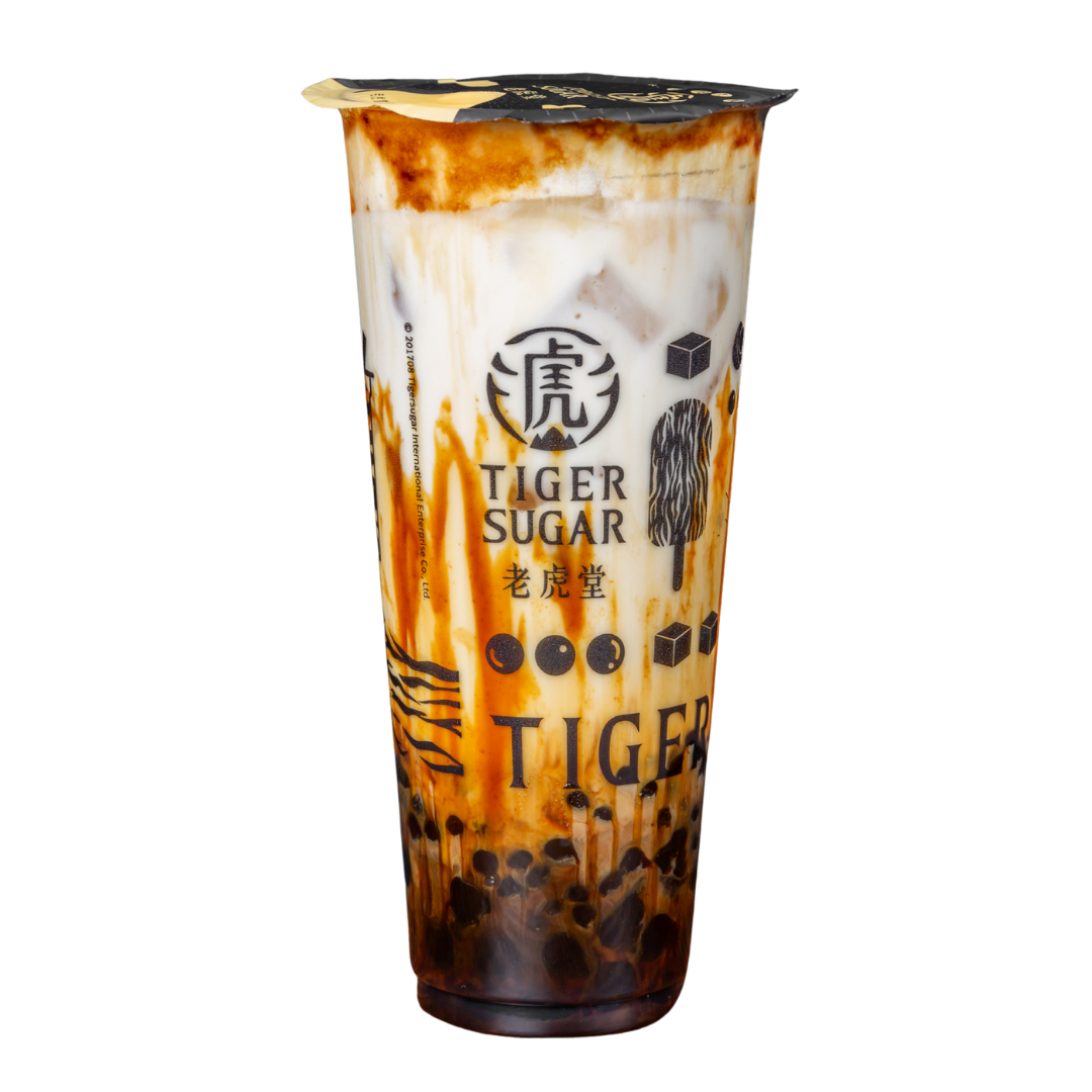 Tiger Sugar bubble tea with brown sugar stripes and tapioca pearls.