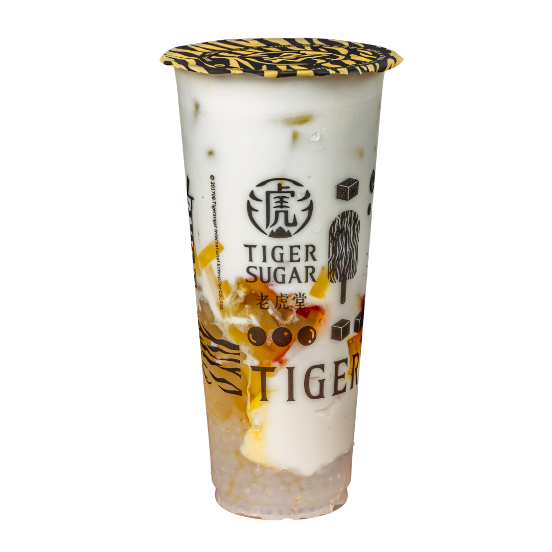 Tiger Sugar passion fruit milk tea with a leopard print lid.