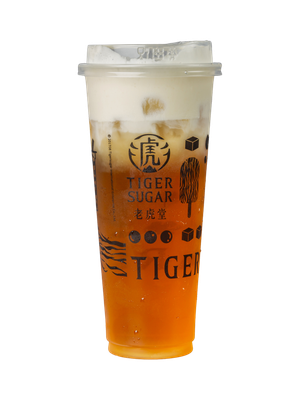 Tiger Sugar drink: iced tea with a creamy topping in a clear plastic cup.