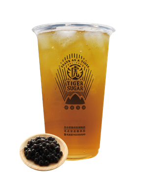 Iced Tiger Sugar tea with boba pearls, in a plastic cup with the company logo.