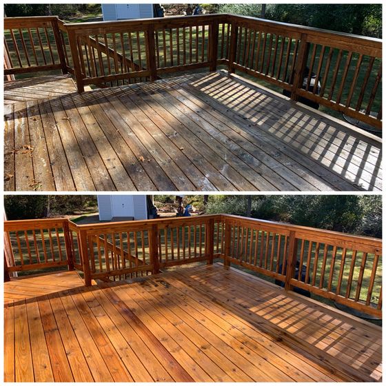 A before and after photo of a wooden deck.