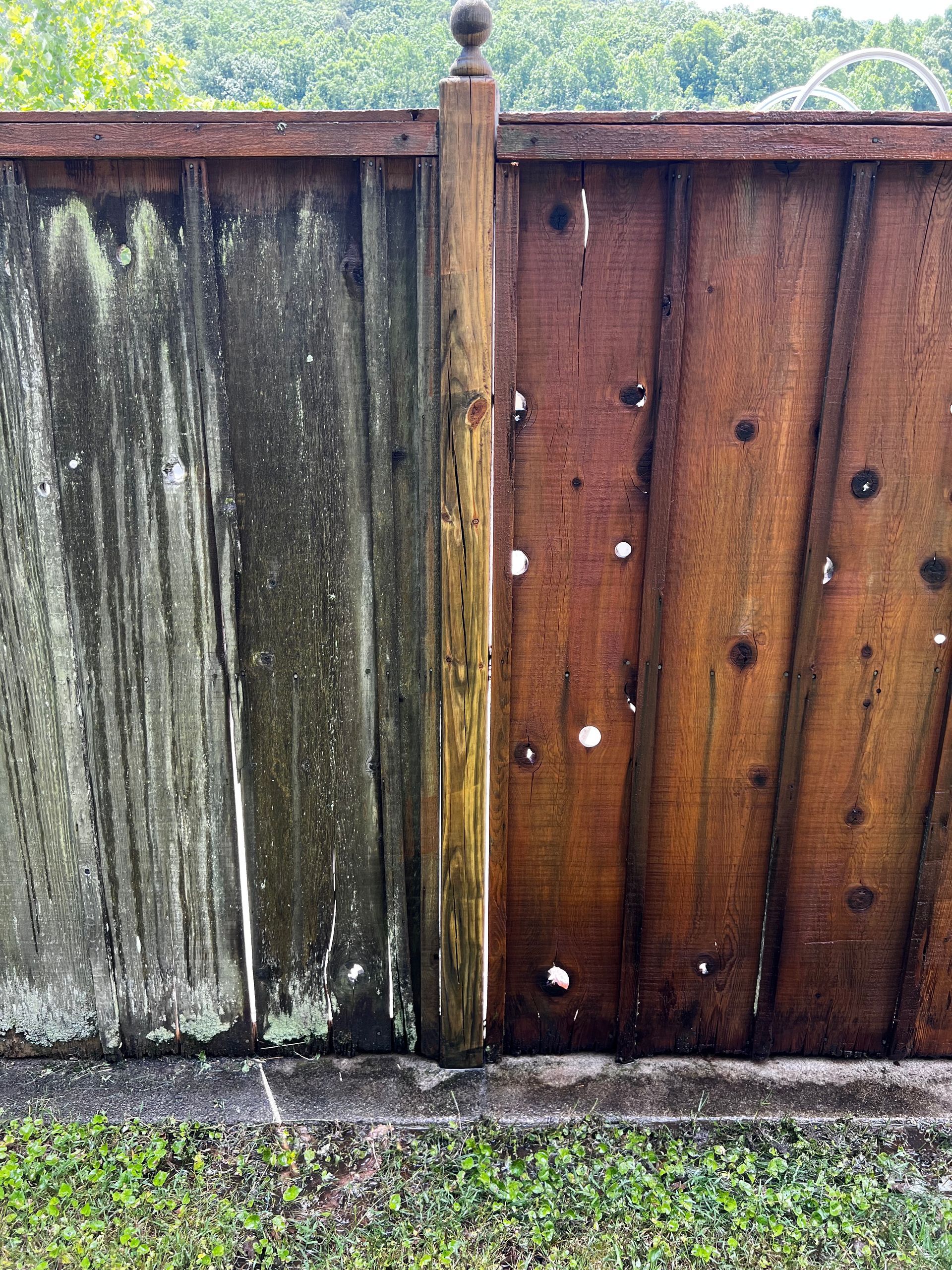 A before and after picture of a wooden fence.