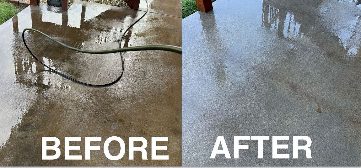 A before and after picture of a concrete floor being cleaned with a pressure . vwasher.