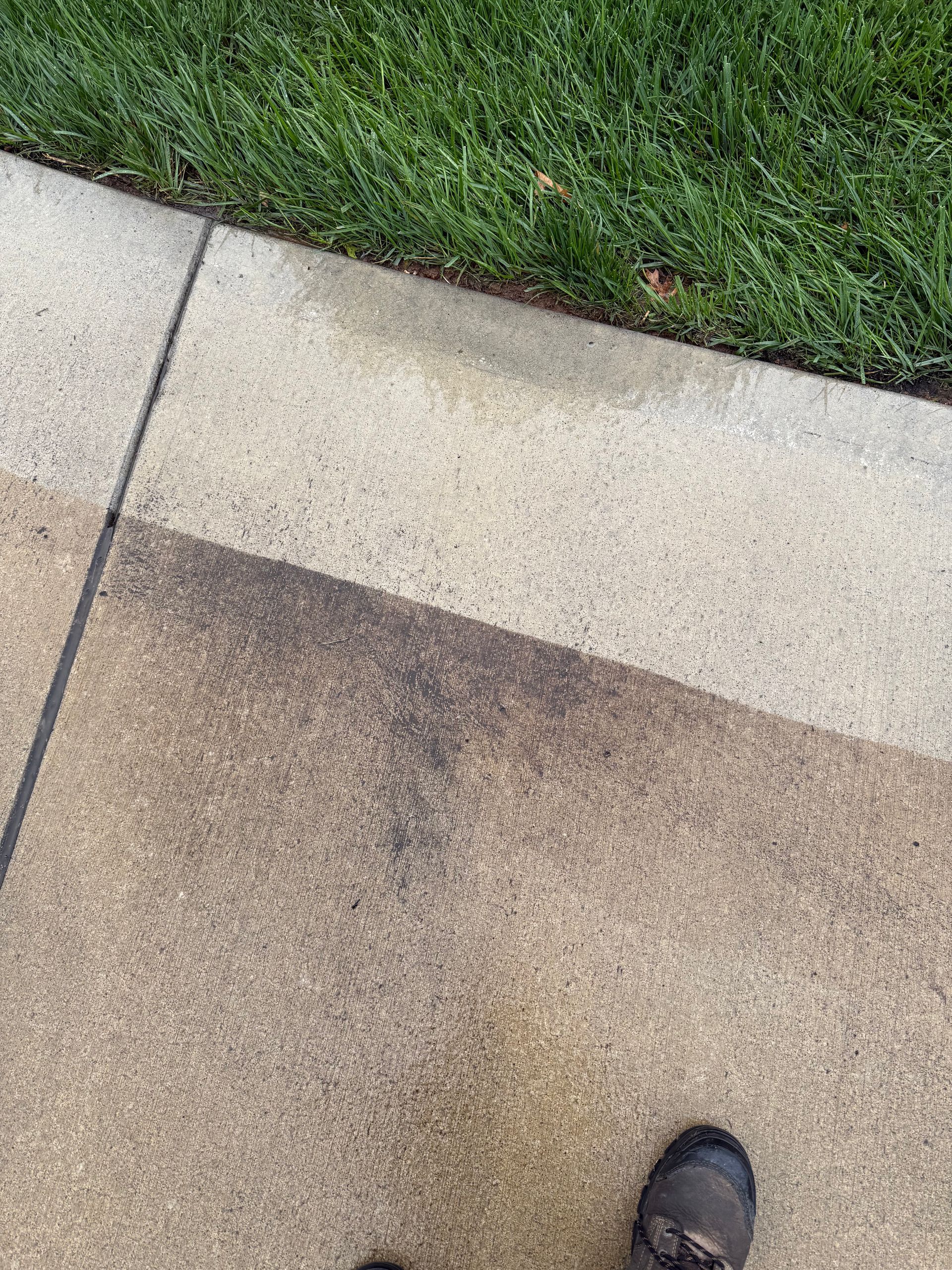 A person is standing on a sidewalk next to a lawn.