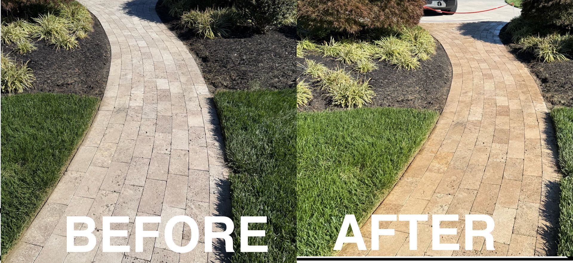 A before and after picture of a driveway with a car driving down it.