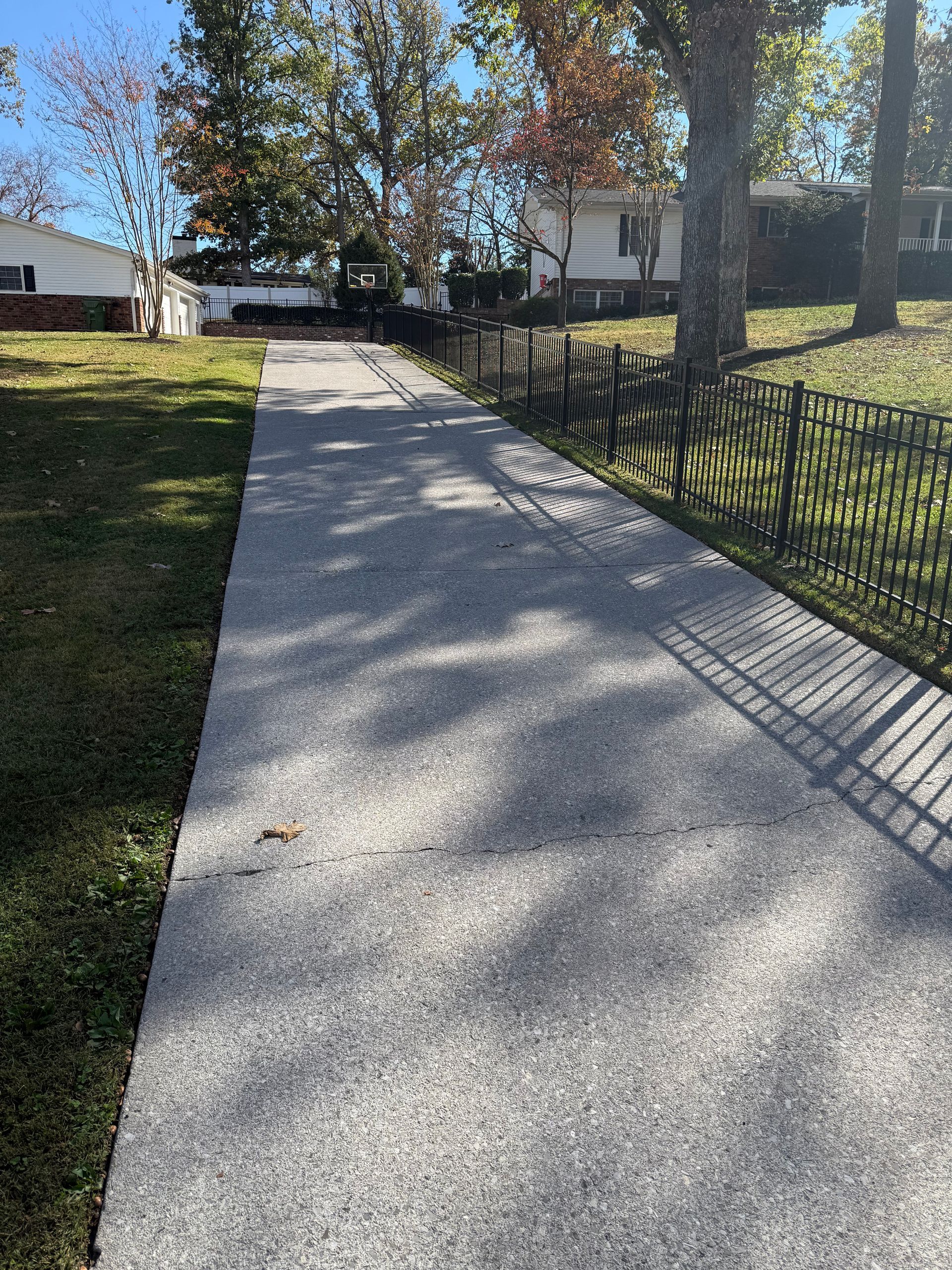 A concrete driveway leading to a house with a fence and trees.Cleaning by 865 Power Wash