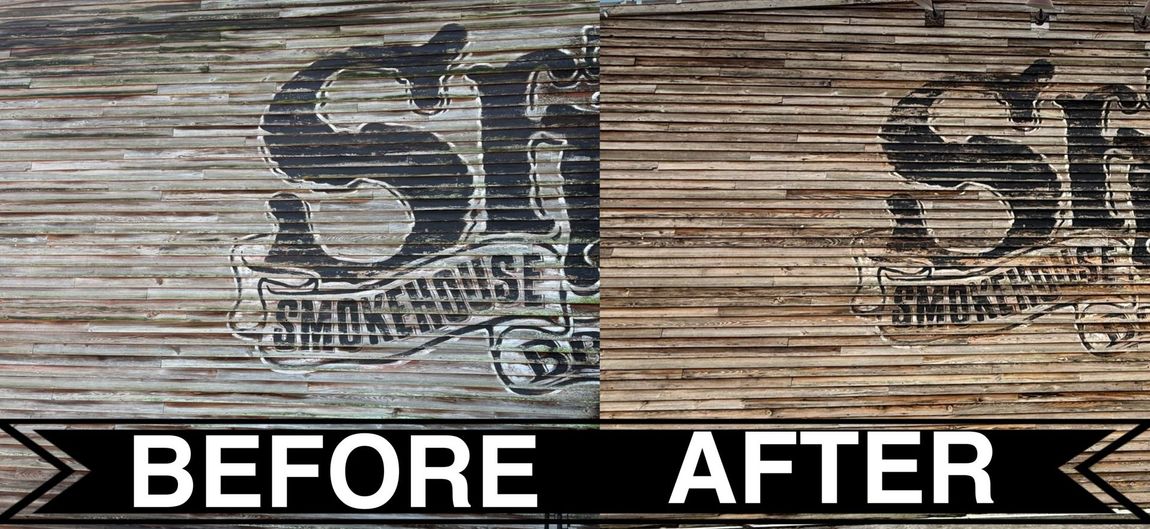 A before and after picture of a smokehouse sign Job done by 865 Power Wash