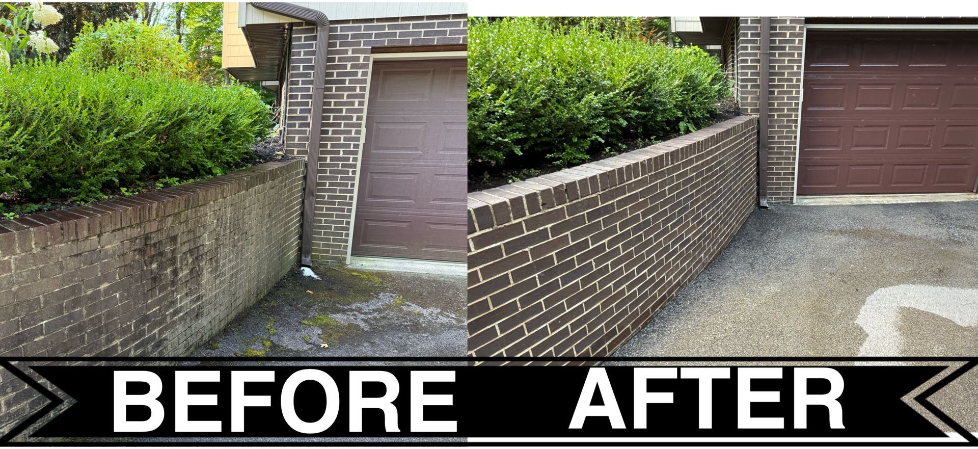 Before and after comparison of brick wall and driveway cleaning.  Dark brick and driveway  clean with pressure washing.