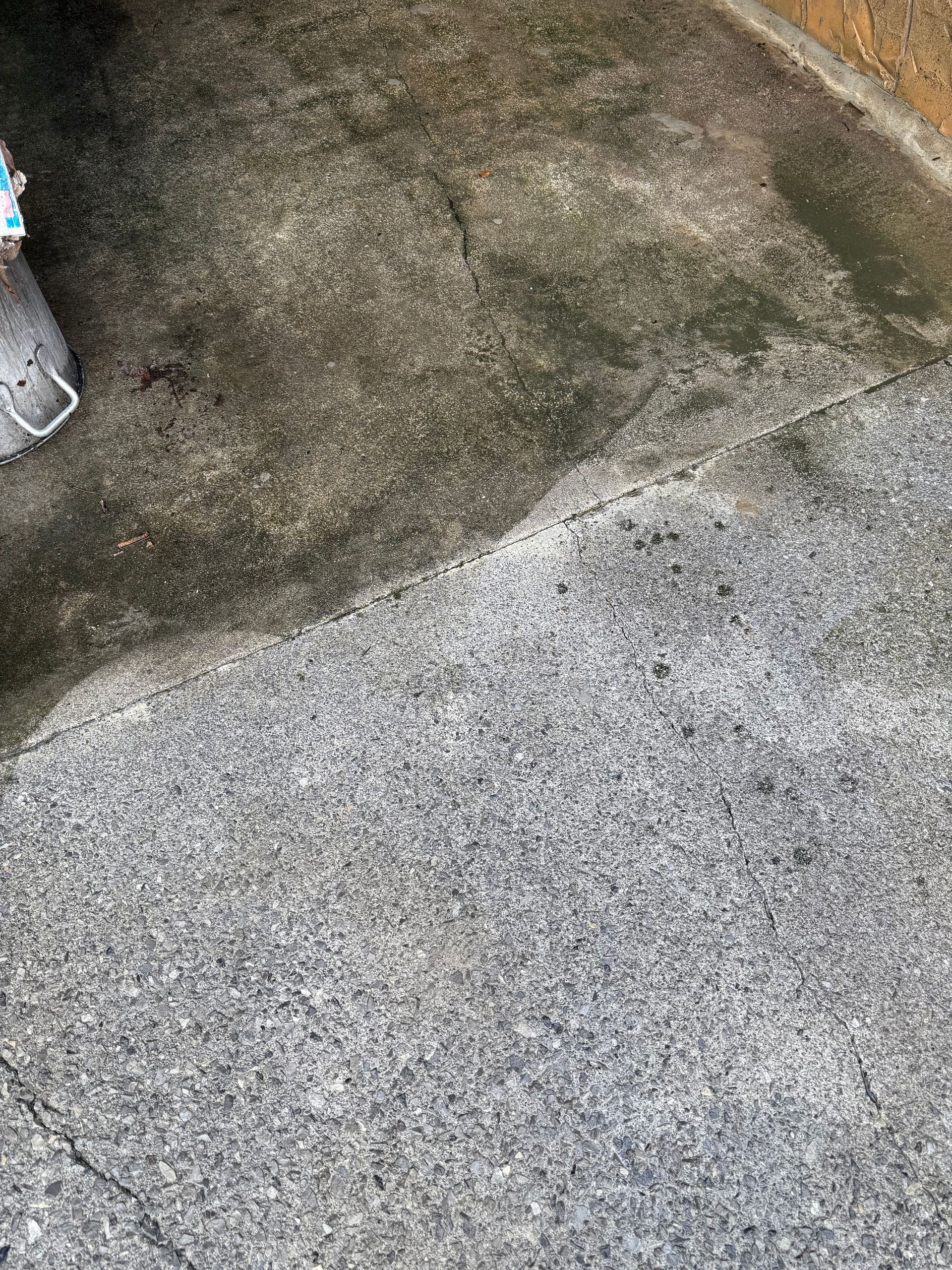 Wet and dry concrete patches side by side. A foot in a sandal is visible on the wet area.