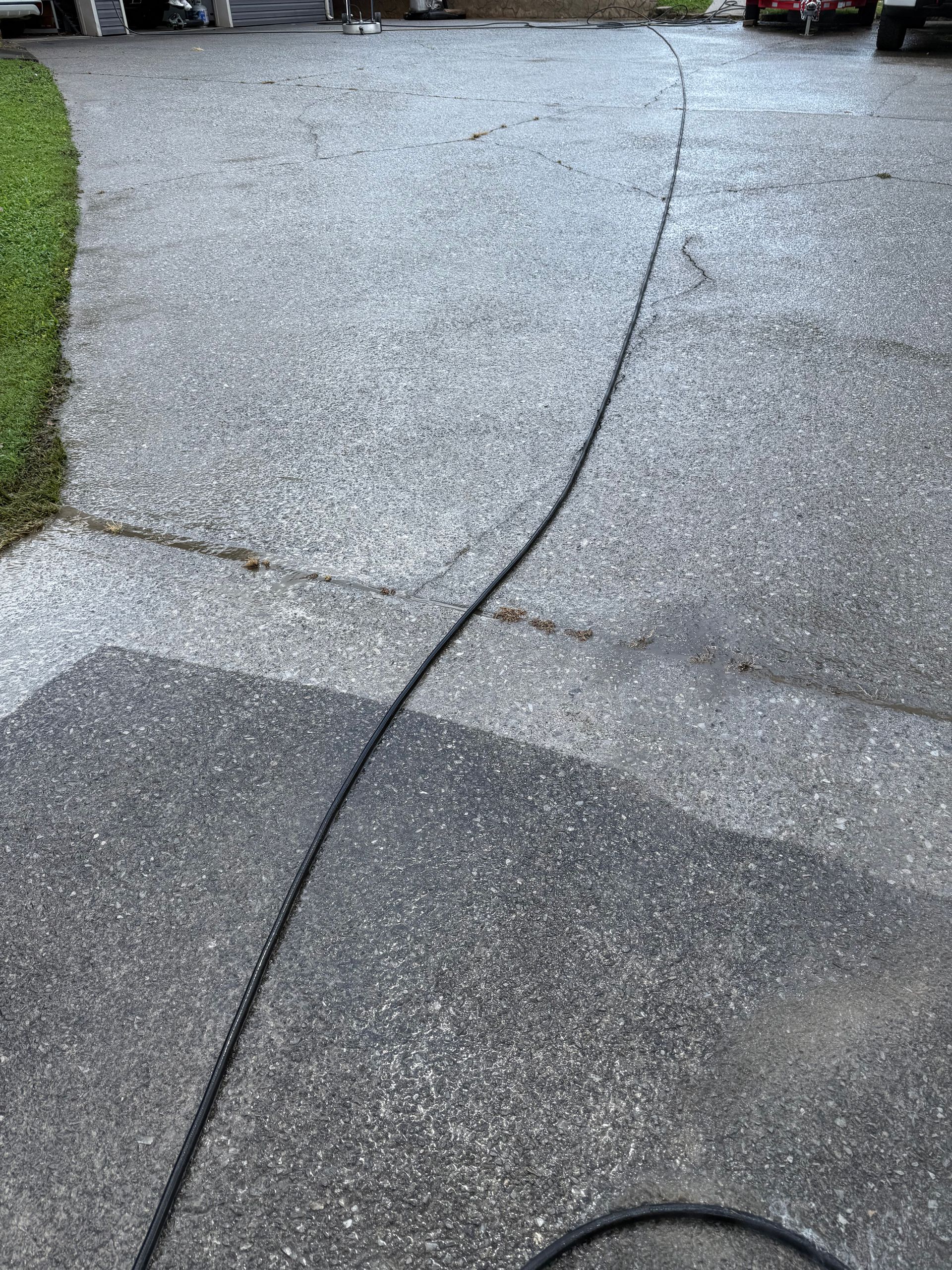 A long black hose stretches across a cracked gray driveway, leading toward the background.