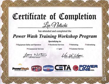 A certificate of completion for a power wash training workshop program