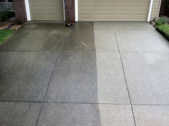 A before and after picture of a concrete driveway.
