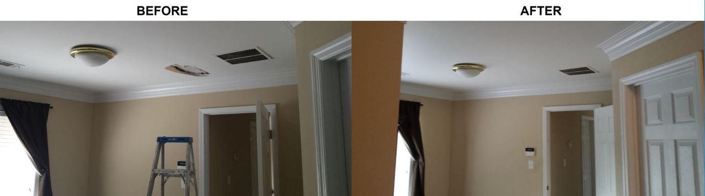 A before and after picture of a room with a ladder in it.