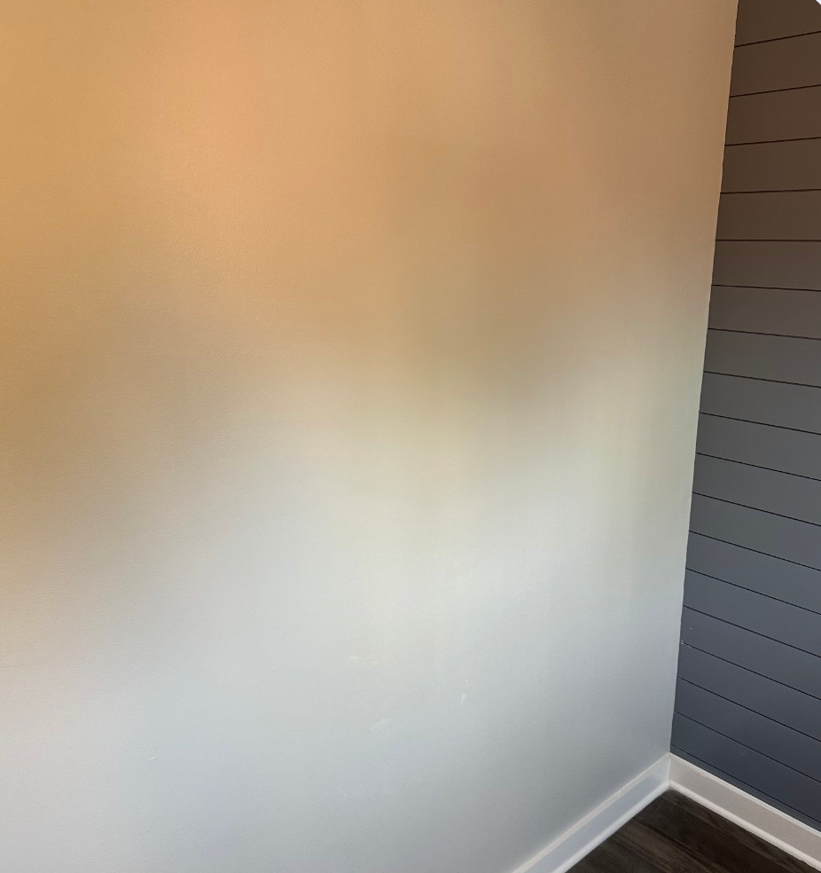 Empty beige wall corner with white baseboard and dark accent wall paneling
