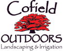 Logo for Cofield Outdoors featuring a stylized red tree between the company name and "Landscaping & Irrigation."