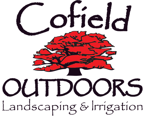 Logo for Cofield Outdoors featuring a stylized red tree between the company name and "Landscaping & Irrigation."