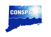 A blue outline of Connecticut with a white sunburst, a mountain silhouette, and the word
