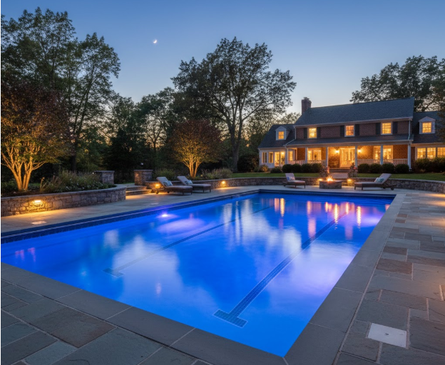 An illuminated rectangular pool sits in front of a colonial-style house at dusk with trees and patio furniture nearby.
