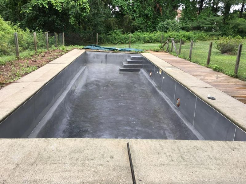An empty, dark-colored rectangular swimming pool surrounded by a concrete deck and a grassy, wooded yard.