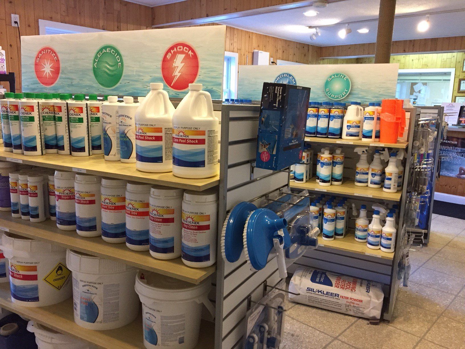 Shelves in a store stocked with pool cleaning chemicals, including plastic bottles, tubs, and blue cleaning equipment.