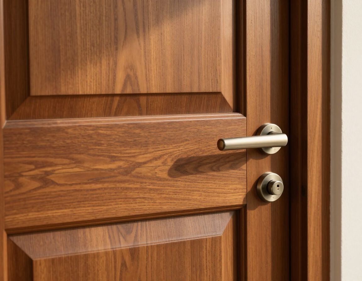 Newly installed solid-wood exterior door with brushed-nickel hardware