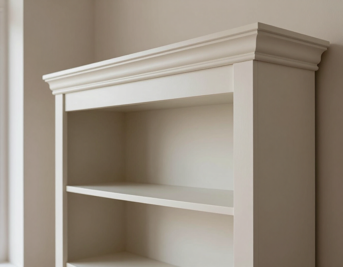 Custom built-in bookcase with painted MDF shelving and crown molding