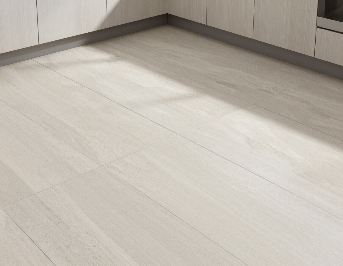 Freshly installed large-format tile with clean grout lines