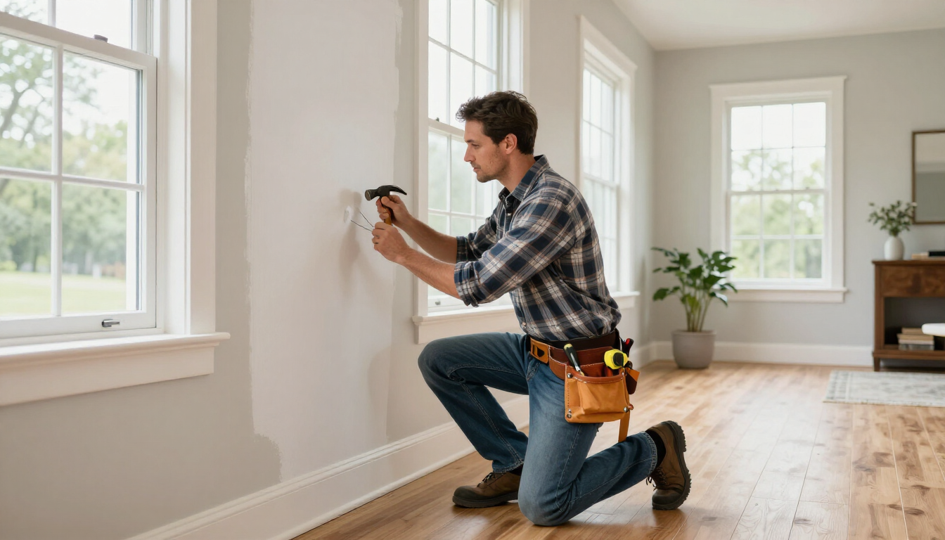 Professional handyman inspecting a home repair in the Lake Norman area